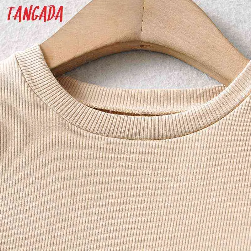 Tangada Femmes Basic Strethy Crop Coton T-shirt À Manches Longues O Cou Tees Dames Casual Tee Shirt Street Wear Top CH7 211110