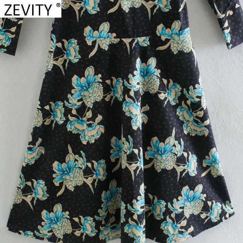 Zevity Donna Vintage Front Bowknot Flower Print Casual Slim Midi Dress Femme Manica lunga A Line Vestido Chic Abbigliamento DS4794 210603