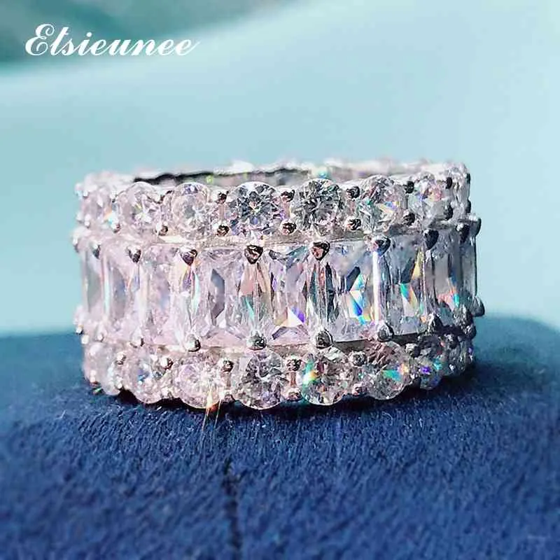 ELSIEUNEE 100 925 Sterling Zilver Gemaakt Moissanite Smaragd Edelsteen Ring voor Vrouwen Verjaardag Cocktail Party Fijne Sieraden 21037111860