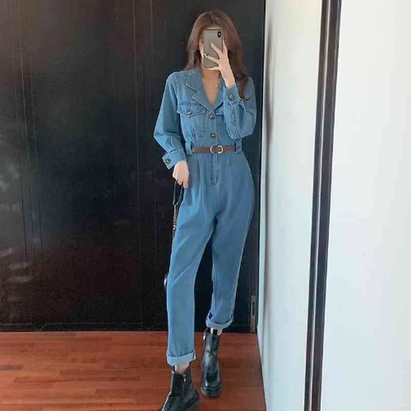 Denim Overall Frauen Solide Gürtel Hohe Taille Frühling Kerb Kragen Bodysuit Koreanische Vintage Combinaison Femme 210415