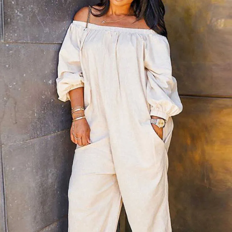 Women Fashion Loose Fit Long Sleeve Partywear Jumpsuits Oversize 4XL/3XL Plus size Solid Off Shoulder Jumpsuit 210716