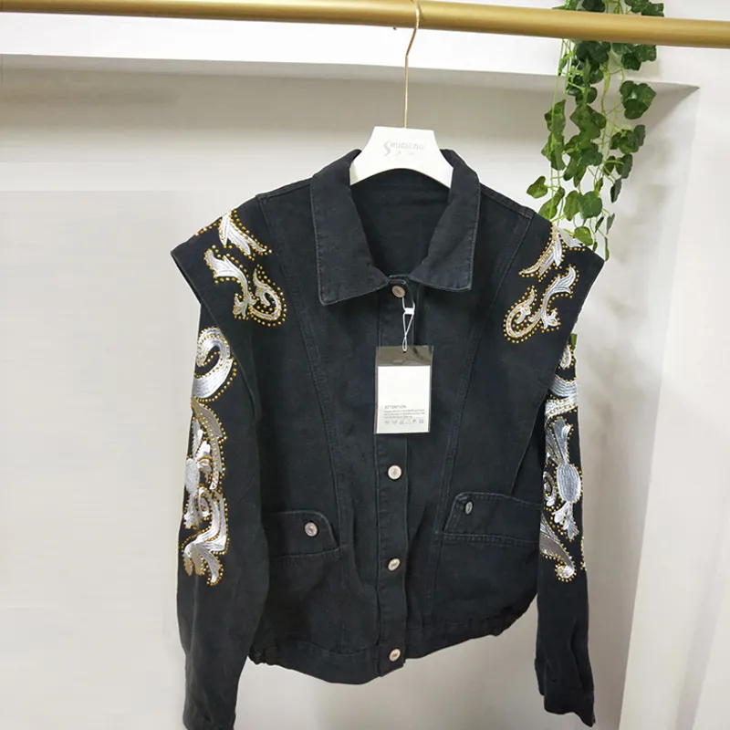 Women Long Sleeve Blue Denim Jacket Early Spring Rhinestone Embroidery Lapel Single-breasted Short Coat