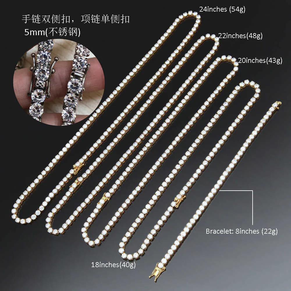 5 mm Hip Hop Bling Out 1 rząd CZ Stone Tennis Chain Naszyjnik Złota ze stali nierdzewnej Cubic Cyrronia Naszyjniki Mężczyzny G2830