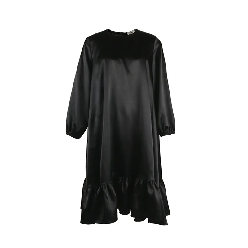 Femmes Solid Black Volants Mi-mollet Robe Col Rond Manches Longues Coupe Ample Mode Marée Printemps Et Été 3D1726 210421