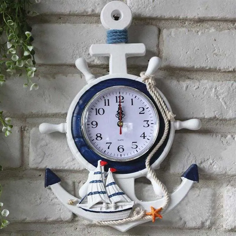 Ancre Horloge Plage Mer Thème Nautique Navire Roue Gouvernail Volant Décor Tenture Décoration X0726