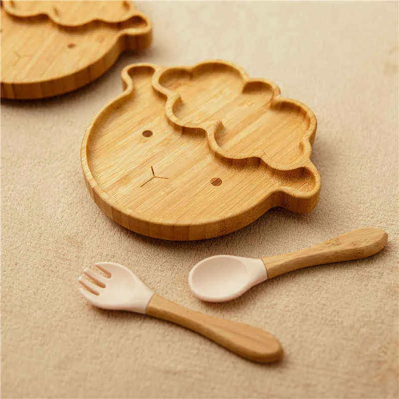 Vaisselle de bébé personnalisée bols d'alimentation assiettes de mouton bol d'aspiration en bambou naturel avec ensemble de cuillère en silicone convient à la plupart des plats pour enfants G1210