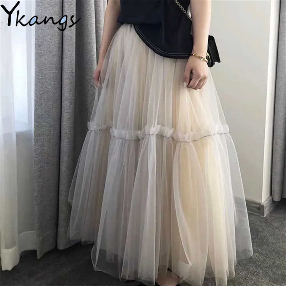 Volants Tutu jupe plissée femmes taille haute grande balançoire Vintage Tulle jupe coréen noir vert maille longue jupe vêtements Streetwear 210619