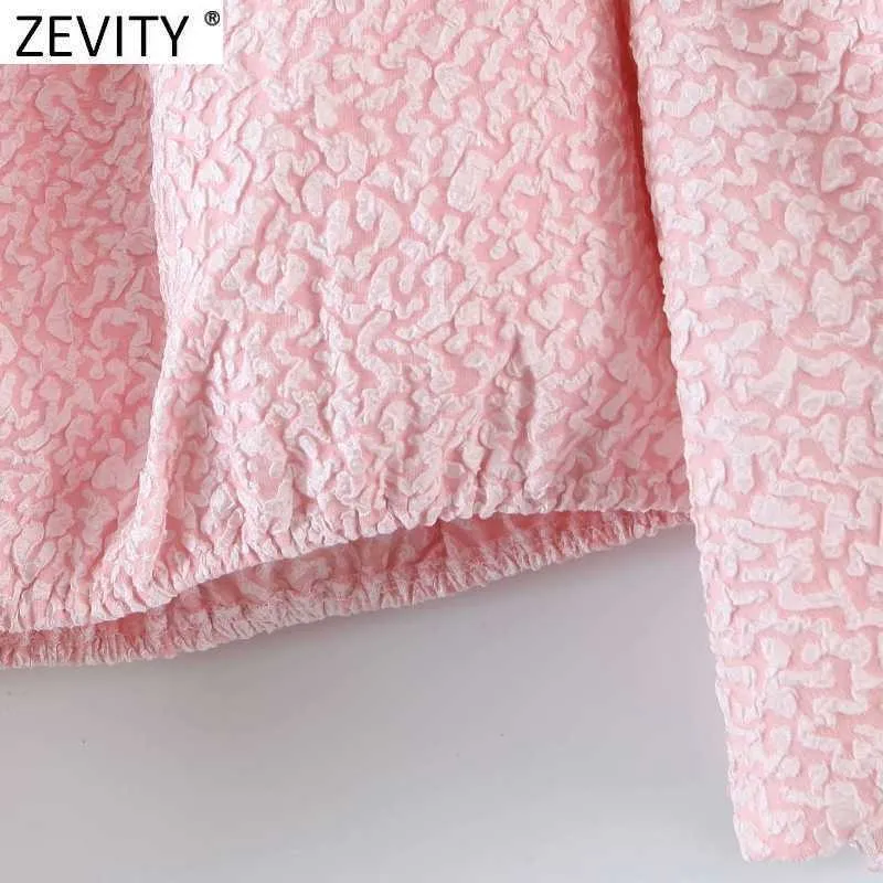 Zevity Kobiety Sexy Off Ramski Różowy żakardowy Różowy Smock Bluzka Kobieta Latarnia Rękaw Krótka Koszulka Chic Blusas Topy LS7674 210603