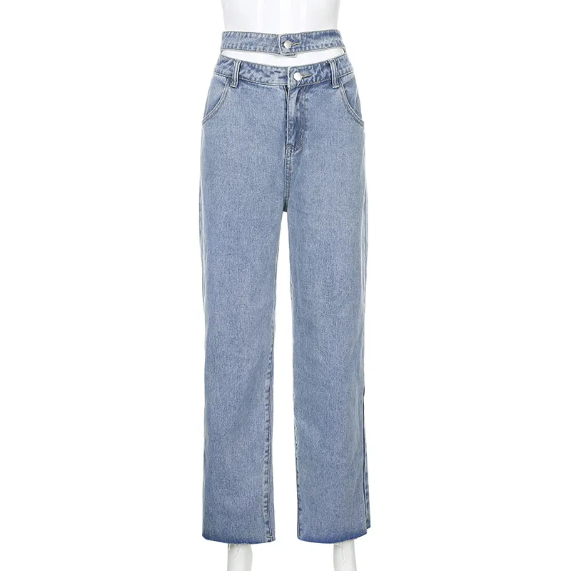 Jeans strappati blu dritti Y2K ragazze Pantaloni in denim vintage da donna di moda femminile Pantaloni a vita alta Harajuku 210510