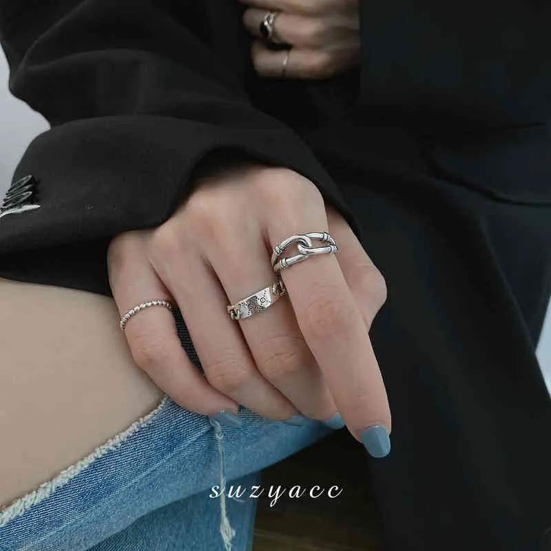 Coreano Ins Fashion Niche Design Ring Women's Net Red Simple Cool Chain S925 Sterling Silver Hand Ornament