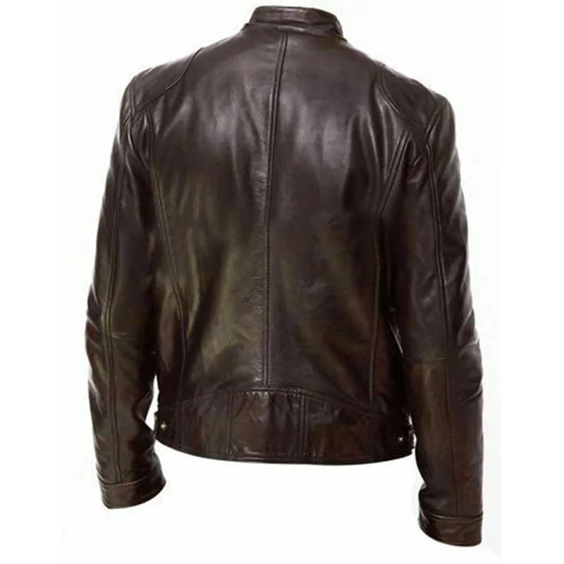 Giacca in pelle da uomo autunno nero marrone colletto alla coreana da uomo cappotti moto da motociclista 210909