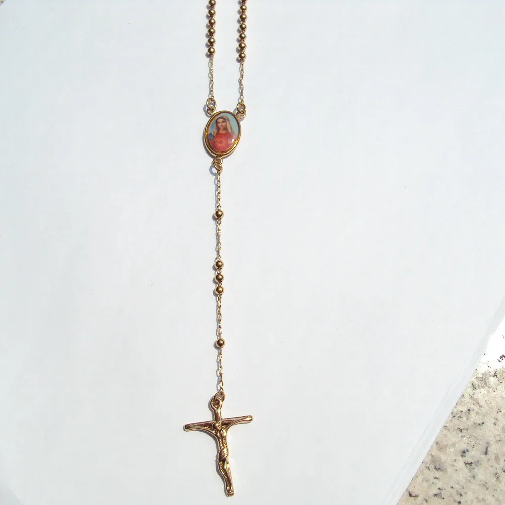 Trouwe dames cool geel goud GF kruis kruisbeeld hanger Rosario rozenkrans kralen ketting Chain1681