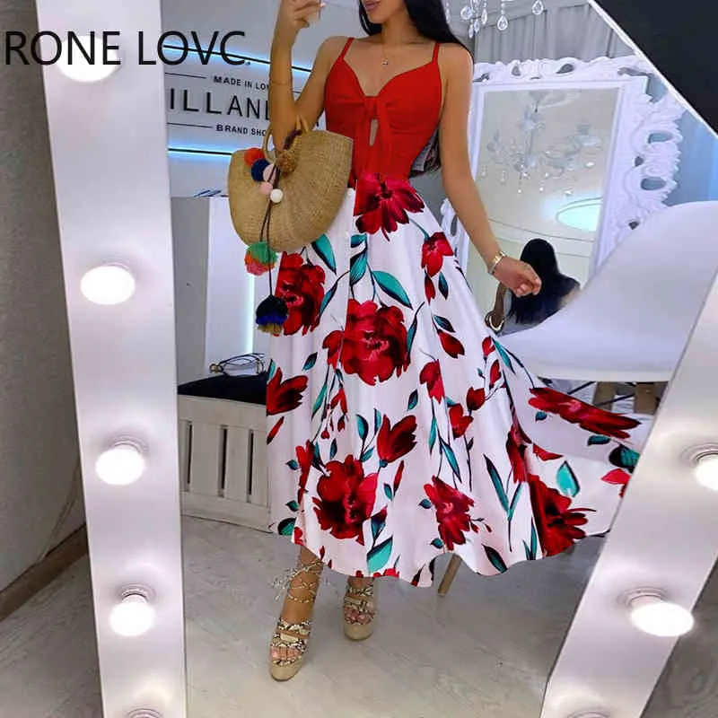 Kadınlar Çiçek Baskı Düğümlü Ön Kesme Düğmesi Maxi Elbise Zarif Moda Chic Elbise X0521