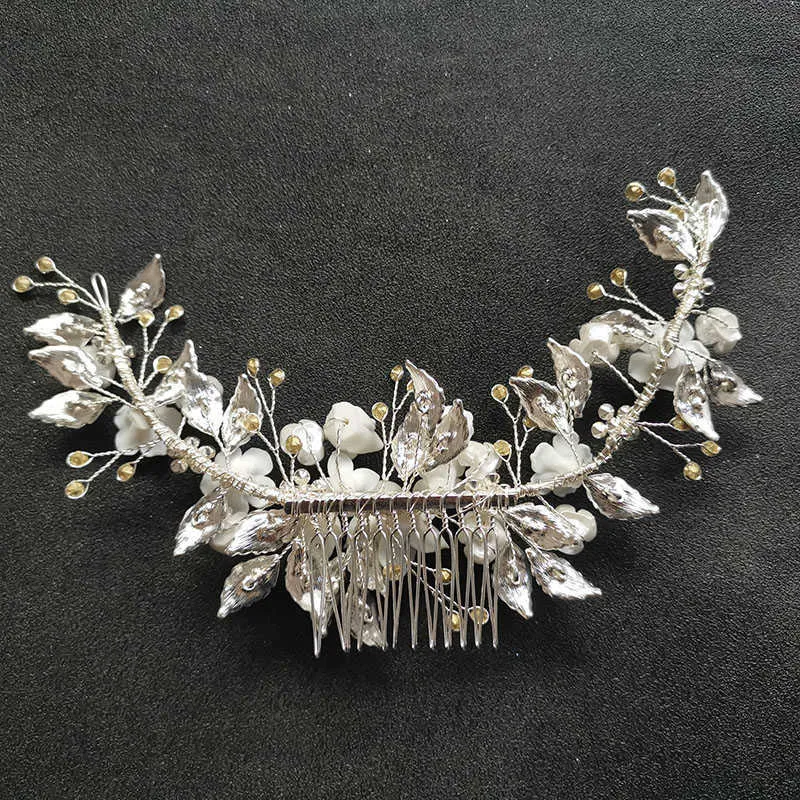 Floralbride Handmade Kryształ Rhinestone Pearl Ceramiczny Kwiat Bridal Hair Grzebień Wedding Włosy Akcesoria Druhny Kobiety Biżuteria X0625