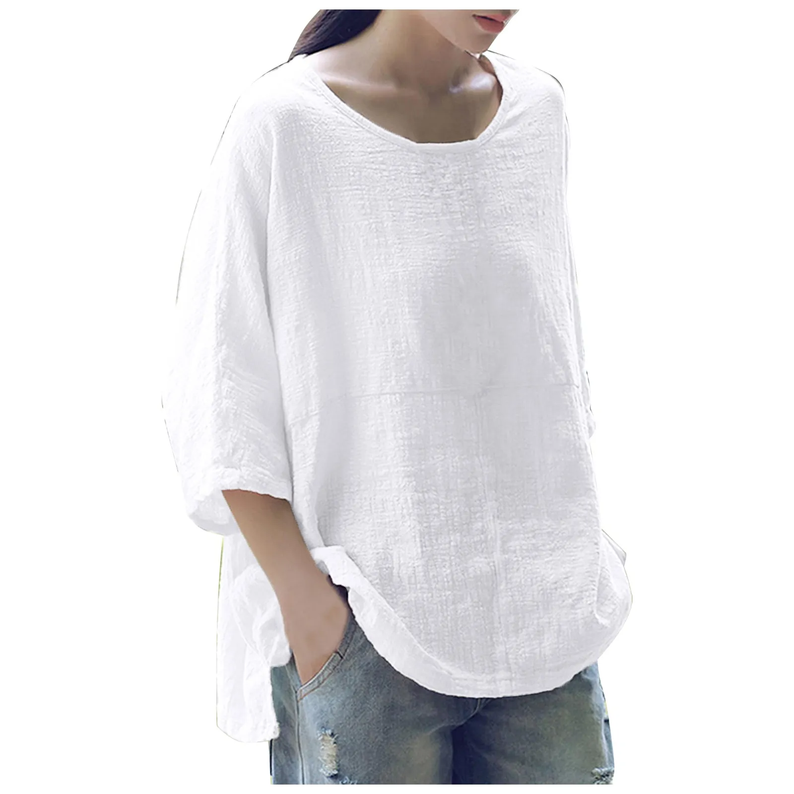 Desenhos camiseta mulheres mulheres casuais cor sólida de algodão linho manga médio grande Sizecamisetas de mujer