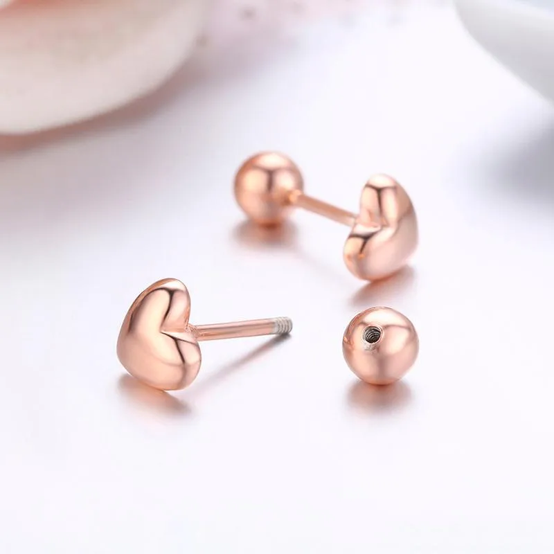 Cute 925 Sterling Silver Rose Gold Color Peach Love Heart Screw Back Stud Earrings For Women Girls Toddlers Kids Jewelry Aretes2929