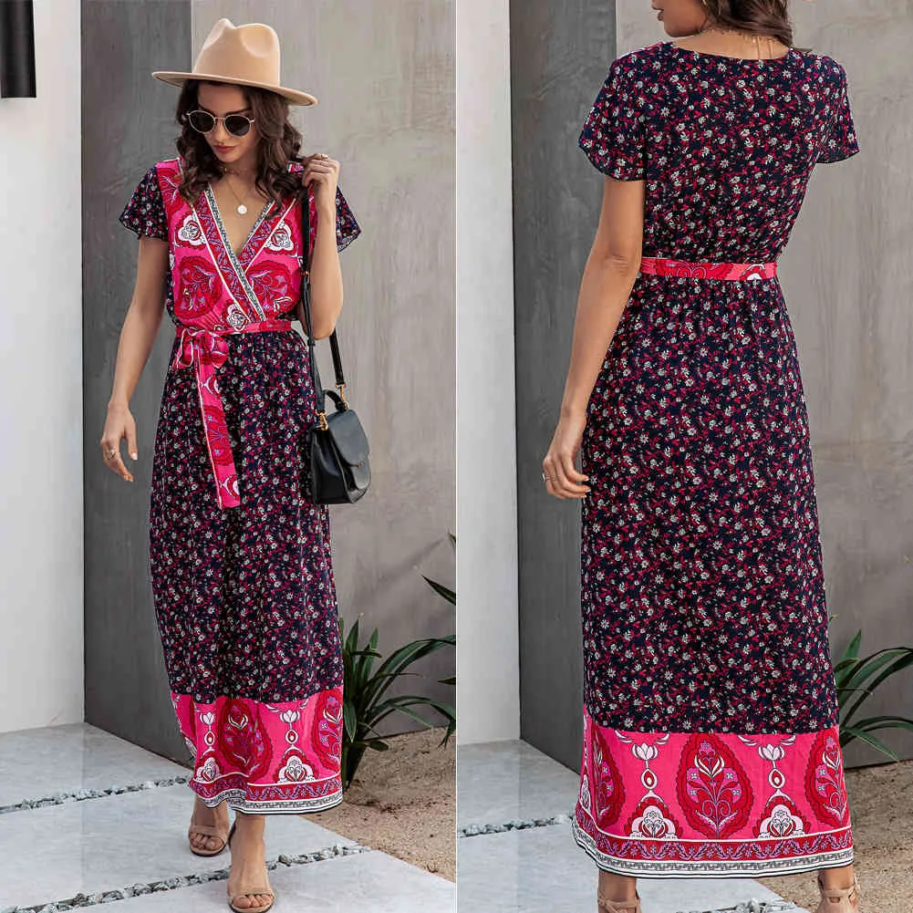 Bohemian Maxi Long Women Floral Print Split Strand Sommarlov Slit Boho Plus Storlek Blå Klänning 210415