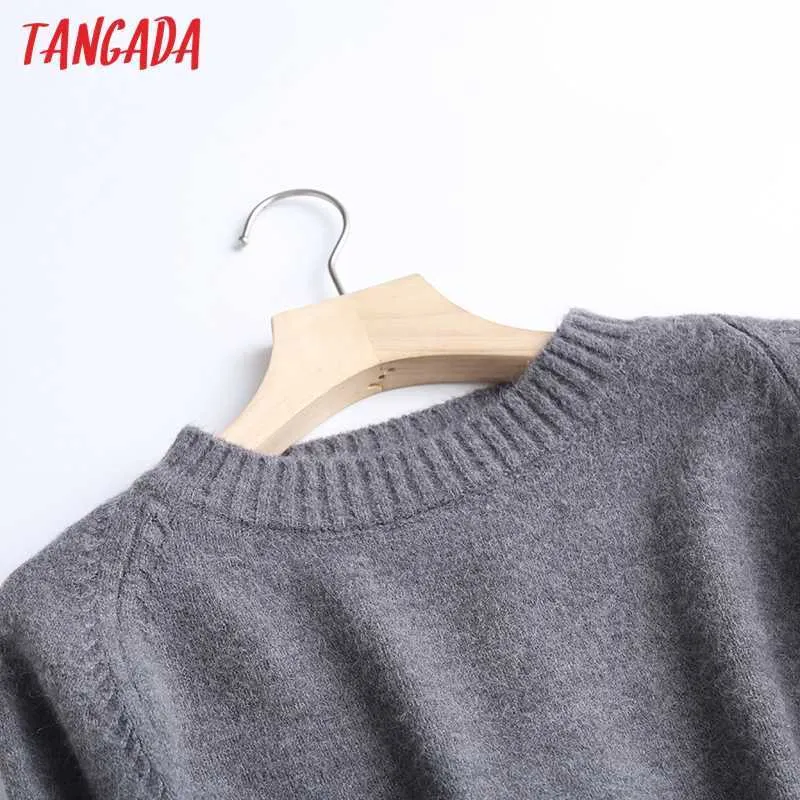 Тангада женская мода элегантный бежевый вязаный свитер джемпер o шеи женские негабаритные пуловеры шикарные вершины 6d24 210806