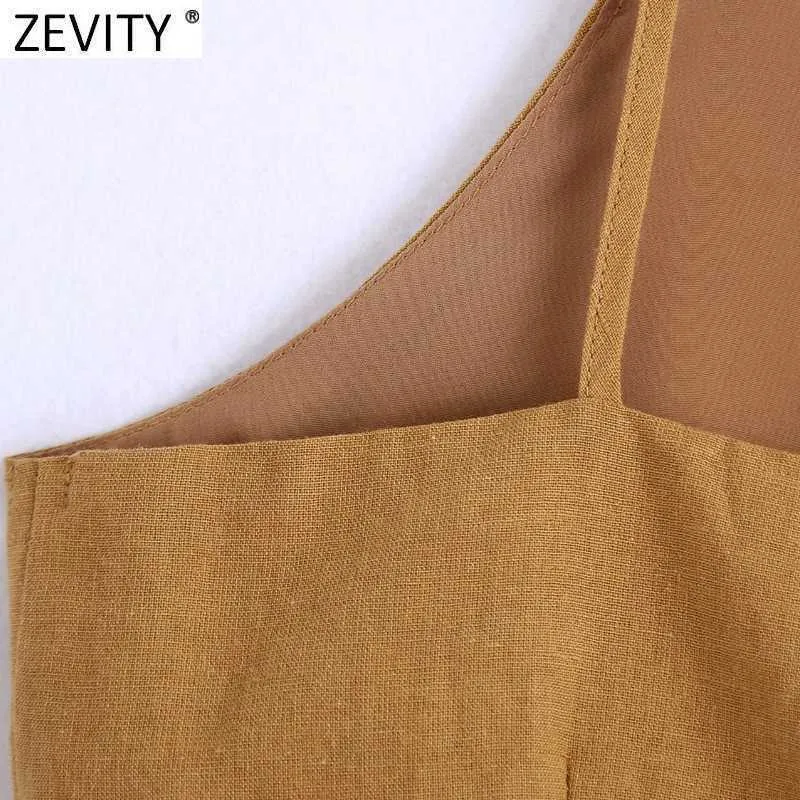 Zevity Women Chic Pleats Design Solid Sling Camis Tank Ladies Summer Spaghetti Strap Short Vest Backless Crop Tops LS9271 210603