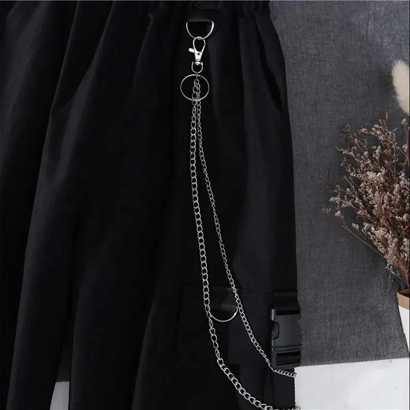 Spring Autumn Women Harajuku Cargo Pants Handsome Cool Two-piece Suit Chain Long Sleeve+Ribbon 220226
