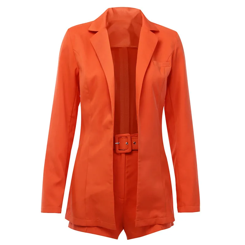 Set Blazer and Shorts for Women Fashion Suits Orange Yellow Female with Waist Belt Two Piece Sets Ladies Work Wear 210416