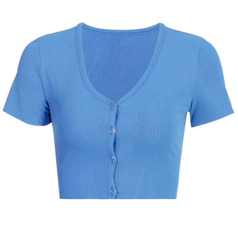 Top corto de punto acanalado para mujer, camiseta Sexy de manga corta con cuello de pico y botón de corbata, camiseta corta de verano, camisetas informales elásticas azules para mujer 210507