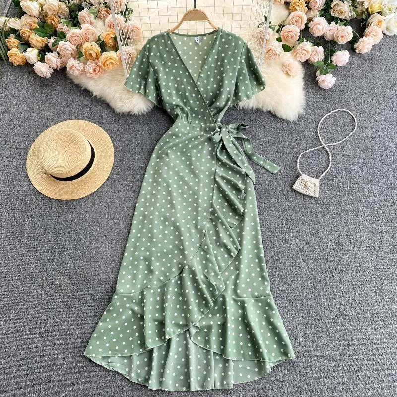 SINGREINY Retro Polka Dot Wrap Dress Women V Neck Short Sleeve A-line Sundress Summer Bohemian Irregular Ruffles Long Dresses 210419