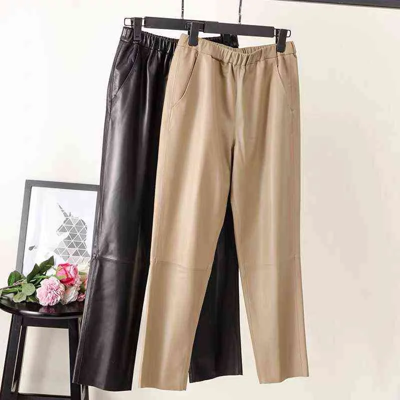 Women Pants Real Leather Tousers High Waist Harem Plus Size Elastic Streetwear 2111186766979