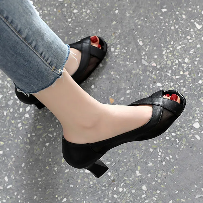 Zapatos de tacón alto de malla con punta abierta para mujer, zapatos de vestir, Sandalias de tacón sexis negras, zapatos náuticos para mujer, Sandalias para mujer de otoño 9276N