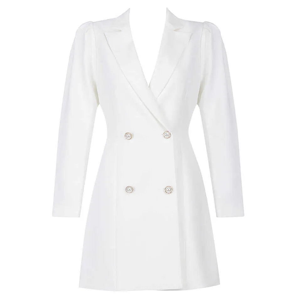 Automne Blanc Bodycon Costume Robe Robes Sexy Col En V À Manches Longues À Double Boutonnage Celebrity Runway Party Mini 210527
