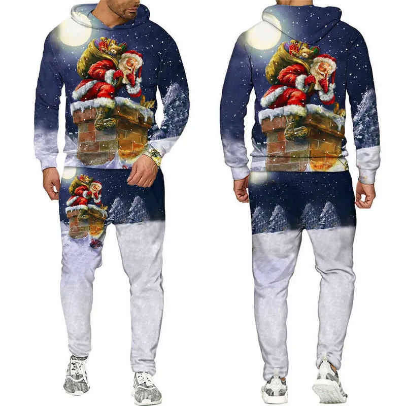 Cadeau de Noël Tous les pantalons à capuche imprimés Survêtements 3D pour hommes Unisexe Noël Bonhomme de neige Pull Sweat-shirt Streetwear Costumes 220209