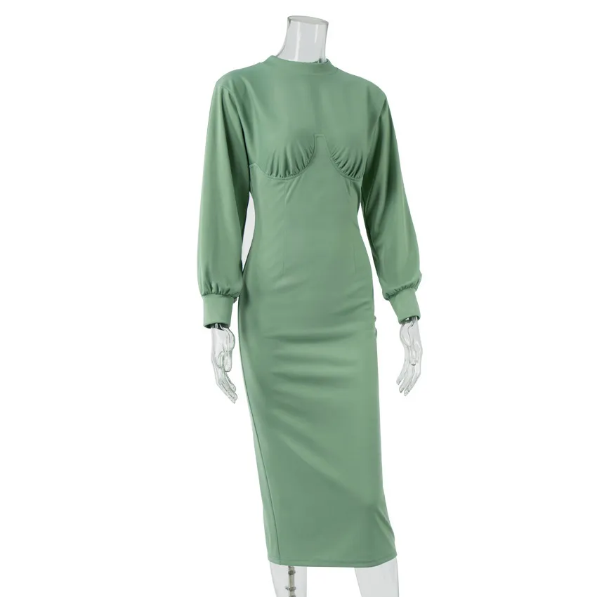 Bodycon Długi rękaw Midi Sukienka Kobiety Elegancka Golf Green Wrap Zipper Up Dress Winter Sexy Casual Party Dresses Vestido 210521