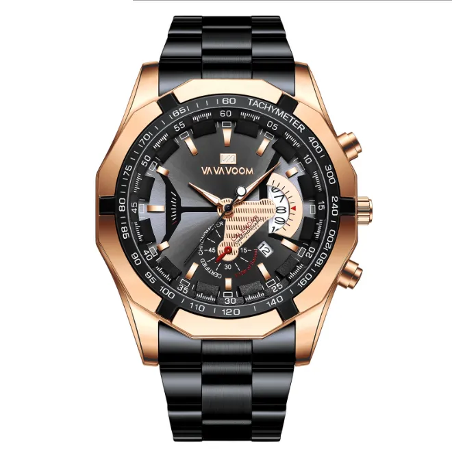 Хорошее качество для отдыха и спорта, светящаяся стрелка, мужские часы из нержавеющей стали, кварцевые часы, умные наручные часы с календарем, VAAVoom Brand2382