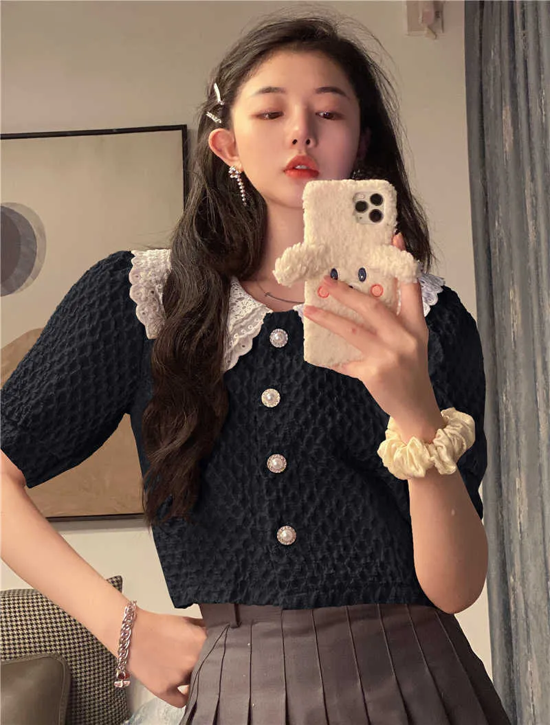 Sweet Pink Puff Short Sleeve Peter Pan Collar Patchwork Lace T Shirts Kvinnor Kort sommar Single-breasted Blouse Fashion Tops Chic 210610