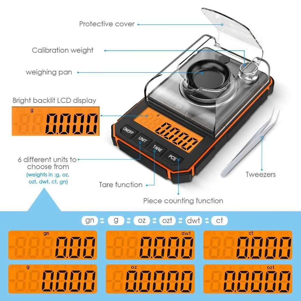 0 001G Elektronische digitale schaal Portable Mini Scale Precision Professional Pocket Scale Milligram 50G Kalibratie Gewichten 2108312215