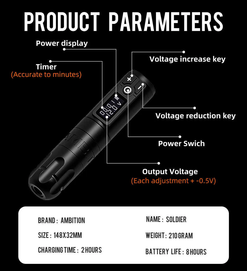 Ambition Soldier Wireless Tattoo Pen Machine Batteria con motore portatile coreless Display a LED digitale body art 210622