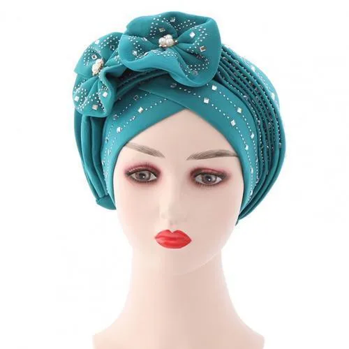 Beanie / Skull Caps Women African Headtie Glänsande hudvänlig Rhinestone Knot Headwrap för Fashion Hijab 2021