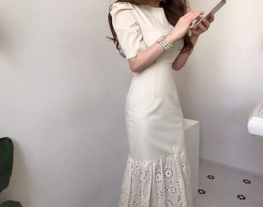 Women's Korean Retro Chic Ruffled Mermaid Hem High Waist Slim Puff Sleeve Bodycon Office Lady Dress Fashion 210518