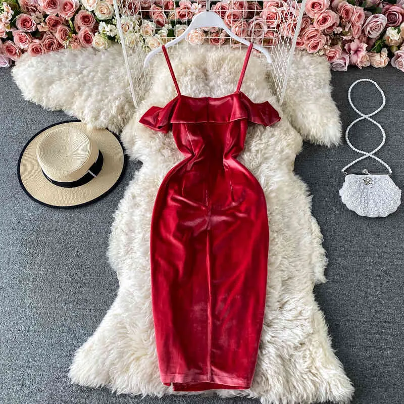 Split Velvet Bag Hip Sexy Vestidos Female Spring and Summer Solid Color French Temperament One-neck Midi Dress GK176 210507