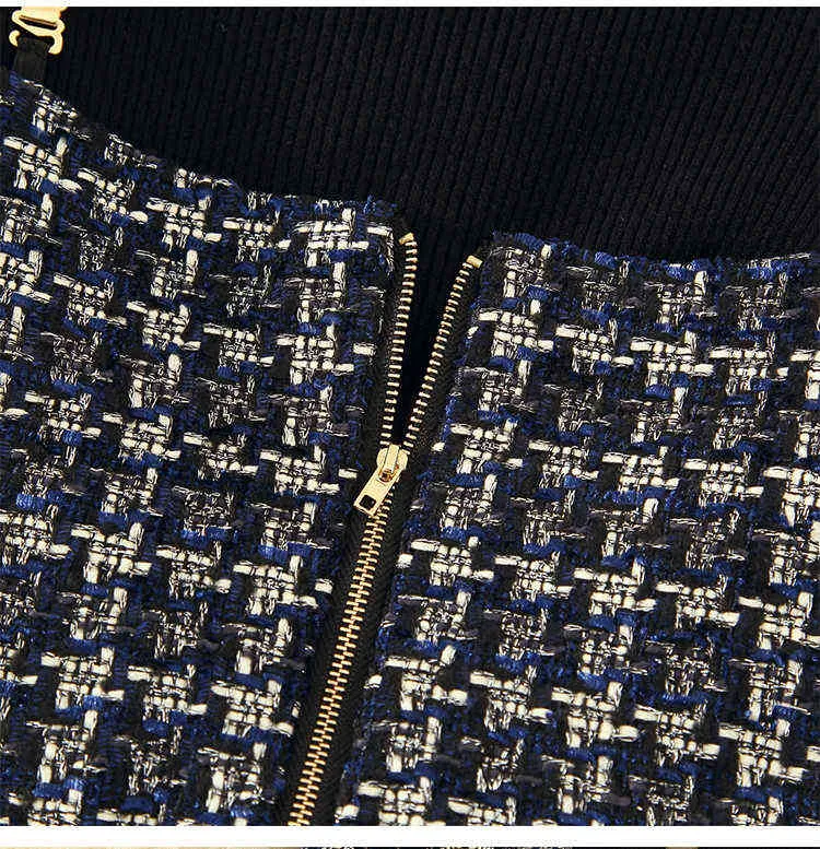 Güz Kış Pırlanta Düğmesi Tweed 2 Parça Set Kadın Yüksek Kalite Zincir Yelek Kırpma Üst Uzun Etekler Siyah Kazak Takımları 211109