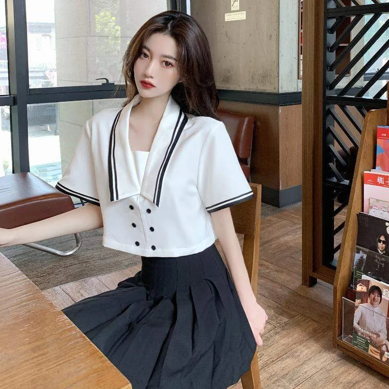 Fashion women's suit design niche contrast color navy knit sweater + high waist slim pleated skirt 210520