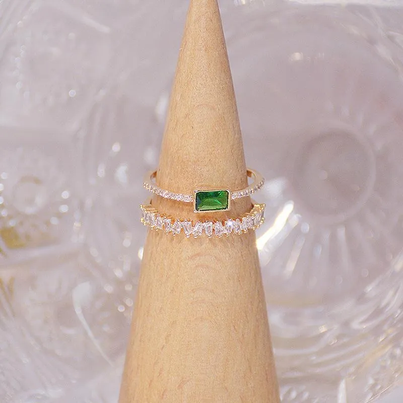 Anelli a grappolo Anello da donna in cristallo verde smeraldo della Boemia Doppio strato Zircone trasparente Elegante bijoux Fidanzamento con dito Natale 283T