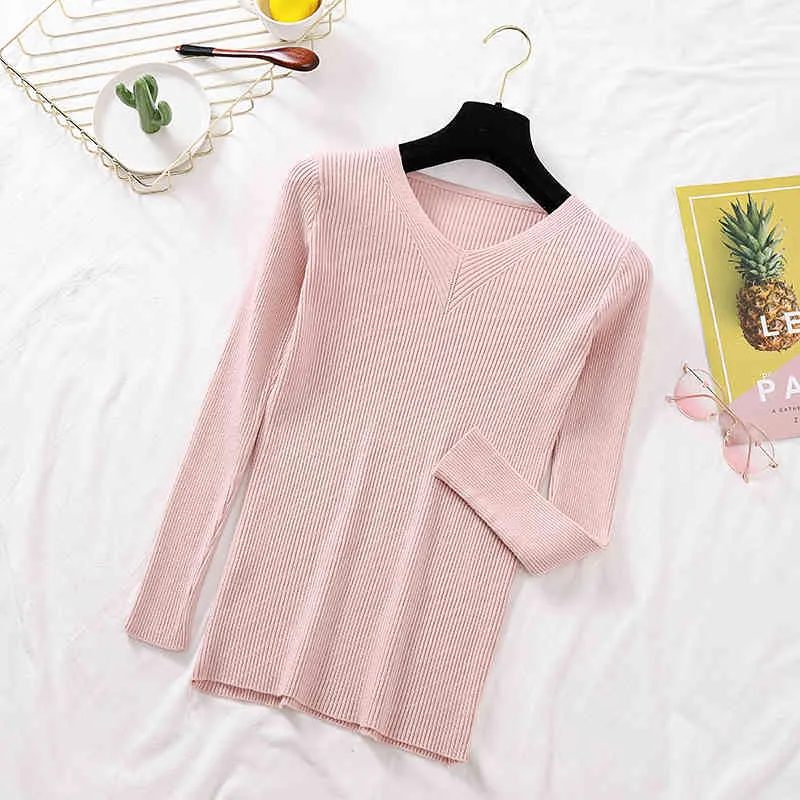 Winter Thin Pullover Jumper Knitted Sweater Women Casual V Neck Long Sleeve Solid Ladies Clothing 12319 210508