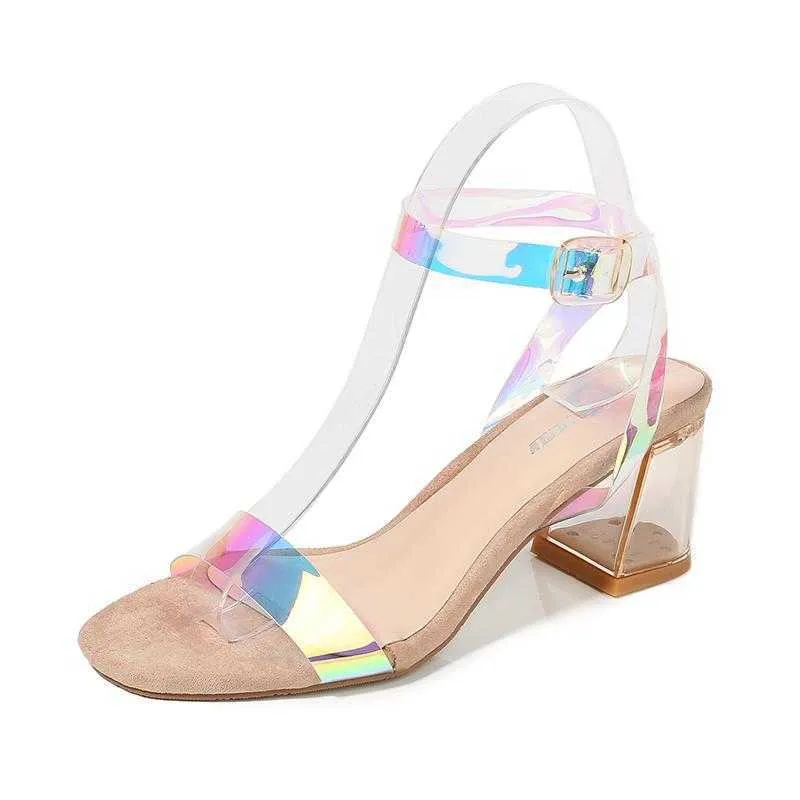 2021 PVC-gelé Sandaler Kristall Öppna Toed High Heels Kvinnor Transparenta Heel Sandaler Tofflor Pumpar 6cm Heels Women Y0721
