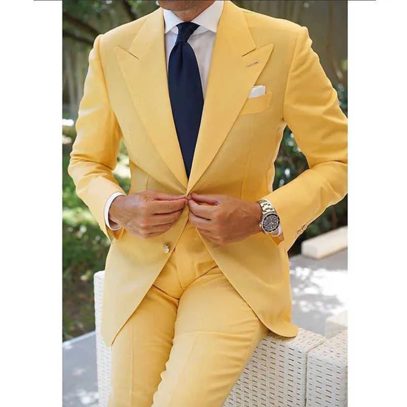 Jaune bal hommes costumes Slim Fit revers pointu mariage marié Tuxedos dernière conception mode 2 pièces veste avec pantalon 2021 X0909