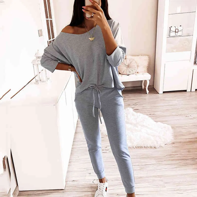 two piece sets womens outfits Autumn Solid Color Long-Sleeved off-Shoulder casual Suit set women sweat suit 210514