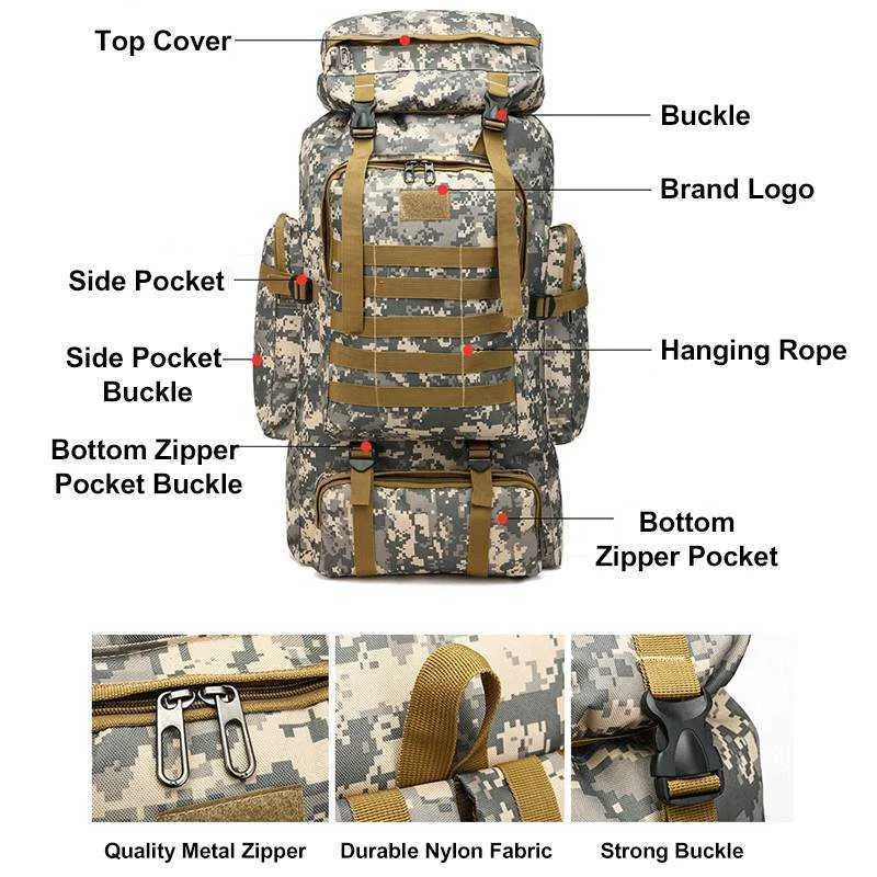 80L Nylon Wody Dowód Camping Oxford Tkanina Torba Odkryty Plecak Wojskowy Tactical Army Plecak na zewnątrz Wspinaczka turystyka 72x34x17cm
