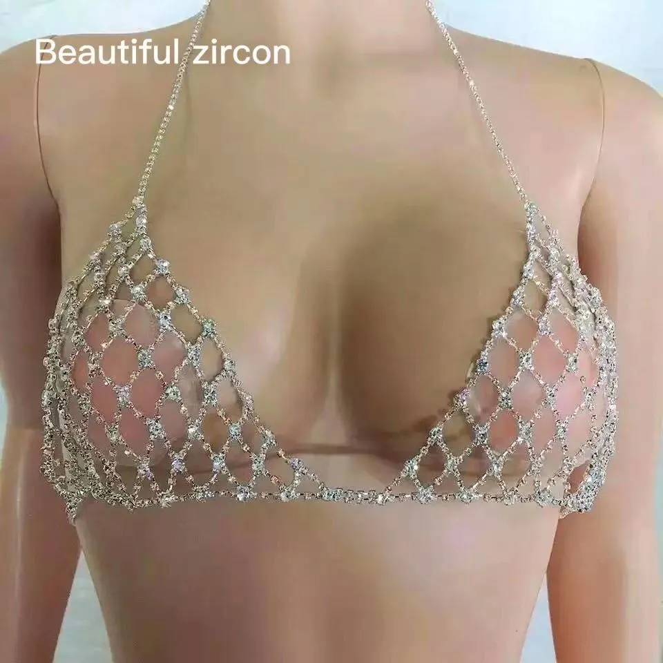 Fashion simple women's tennis Rhinestone bra chain set exquisite sexy crystal Bikini Bra and thong Club Party jewelry whole