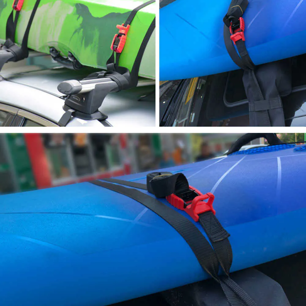 Car Rack Rack Straps Tie أسفل حزام شحن الشحن الثقيل مع مشبك قفل الكاميرا المبطنة قابلة للتعديل لقطاع الأمواج canoe217h