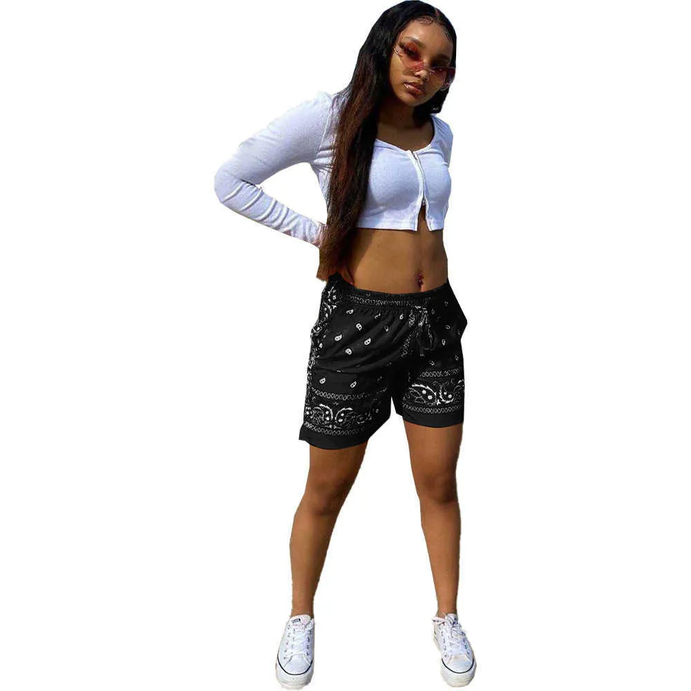 Femmes Shorts Causal Bandana Imprimer Taille haute Cordon avec poche Short d'été Sportwear Legging Outfit Streetwear Pantalon 210625